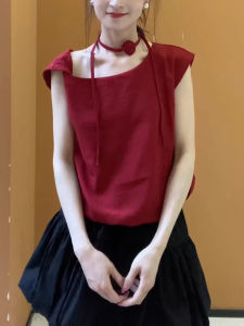 chaqi | Korean Style Red Square Collar Short Sleeve T-Shirt Women Summer Design Sensation Ice Silk Knitted Short Top Thin Fly Sleeve