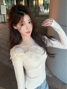 GUZILIAN | Elegant French Design Pearl Flower Waist Cinching Slim Long Sleeve T-Shirt Women Early Autumn Pure Desire Niche Inner Wear Top