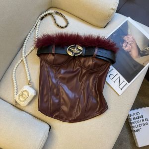 GUZILIAN | American Style Spicy Girl PU Leather Off-Shoulder Corset Crop Top