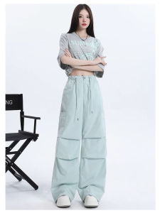 Sweet Cool Womens Cargo Pants High Waist Loose Fit Straight Leg Tied Waistband Casual Trousers Korean Style Autumn Fashion