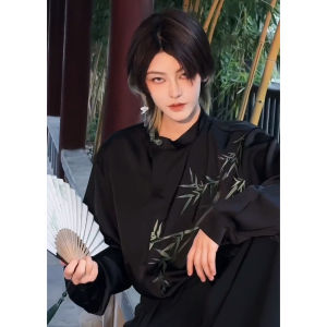 New Chinese Style Long Sleeve Printed Loose Mens Shirt Stand Collar Casual Outerwear Hanfu Ethnic Clothing Autumn Fashion