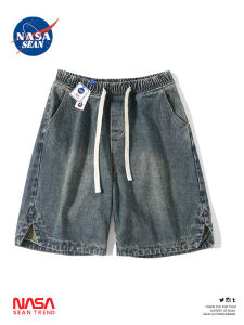 Wassup Panda American Retro Washed Denim Shorts Men Summer Trendy Loose Straight Five-Quarter Pants Cotton Youth Casual Fashion