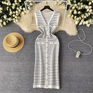 Ladies Elegant Classic Style Stripes Dress Womens Summer Fancy Fashion Casual Long Knitting Vest Dress