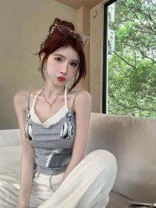GUZILIAN | Pure Desirable Spicy Girl Style Micro Swinging Collar Printed Patchwork Halter Neck Tight Fit Strap Vest Simple Fashion With Chest Pad Womens Top