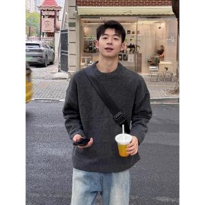 OUMULONG | Black Lazy Style Round Neck Soft Knit Sweater For Men Innerwear