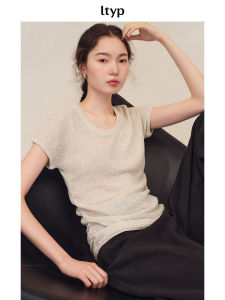 Simple Casual Waist-cinched Flax and Tencel Texture Knit T-Shirt for Fall