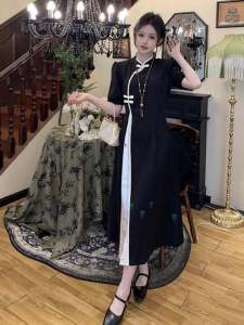 ชุดเดรสจีนฤดูร้อนสำหรับผู้หญิงไซส์ใหญ่ คอตั้ง แขนสั้น สไตล์ใหม่ กระโปรงทรงเอ เดรสยาวปานกลาง สไตล์จีนโบราณ