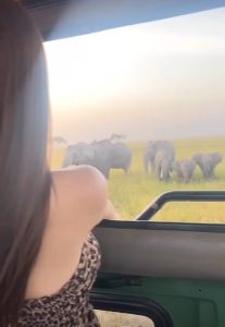 เสื้อเปิดไหล่สีน้ำตาล ลายเสือดาว มีสายผูกคล้องคอ ผ้าซีทรู หลังสม็อคยางยืด แหวกกลางด้านหน้าและหลัง เสื้อครอป ชุดไปเที่ยวทะเล #0218