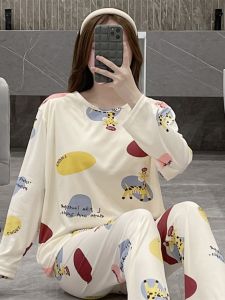 Womens Winter Homewear with Chest Pad Minimalist Cartoon Pajamas K-style Long Sleeves Pants Two-piece Set Outwear Pure Cotton Spring & Fall