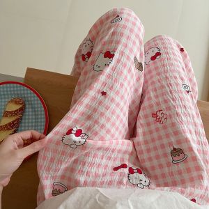 Alisa.Sonya New Arrival Gingham Pajama Pants Summer Womens cartoon cute Trousers Cotton Yarn loose Pants Casual Suitable for Daily Wear Thin Home Pants
