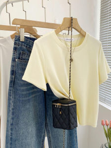 Áo Thun Nữ Tay Ngắn Cổ Tròn Màu Vàng Gai Dầu Ngắn Thanh Lịch Mùa Hè 2025 Chất Liệu Cotton Pha Trộn Thường Ngày