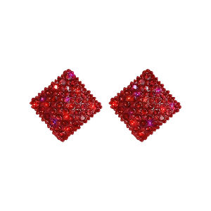Red Full Diamond Geometric Rhombus Womens Earrings Korean Style Fashionable Simple High-End Colored Rhinestone Earrings