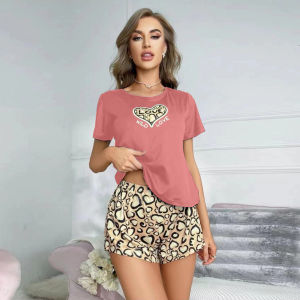 ELF TRIBE Pajamas for Women Love Leopard Print Multi-color Home Set T-Shirt Shorts Casual Loungewear