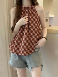 AIYITI | Retro Grid Halter Loose Plus Size Womens Blouse