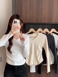 CB BJ1680 Baju Wanita Lengan Panjang Kaos Polos Fashion Wanita Korea Spandek Leher Kerah V