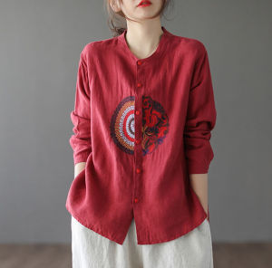 Clearance Leak-Picking Counter Withdraw Foreign Trade Export Women clothes Retro Ethnic Style Linen Embroidery Shirts Spring Long sleeve Shirt