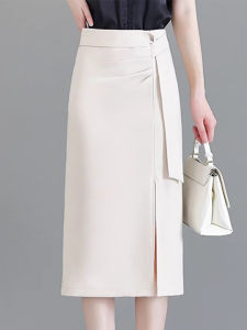MEITESIJIAONU | Beige A-line Skirt with Side Slit Lightweight Midi Womens Summer Suit