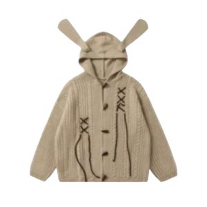 YUEZHONGWEI | Loose Fit Korean Style Womens Knitted Cardigan Hooded Rabbit Ear Horn Button Sweater Open Front Lazy Style Outerwear