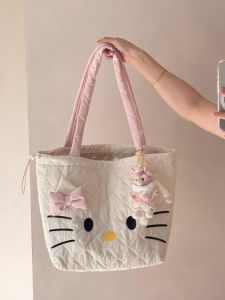 Kitty Cat Large Capacity Drawstring Tote Bag Embroidered Student Commuter Handbag Casual Simple Style Double Shoulder Bag