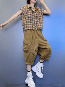 Shalldoer | Summer 2025 Womens Checkered Short Sleeve Shirt And Casual Seven-Foot Pants Workwear Design Two-Piece Set Polo Collar Fashion