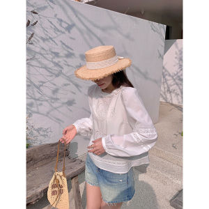 Cheeseandkisses Embroidered Bubble Sleeve Shirt A-Line Shorts Two-Piece Set Womens French Style Fashion Ensemble Cotton Long Sleeve round Neck