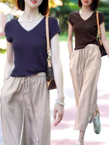 Slimming V-neck Ice Silk T-shirt