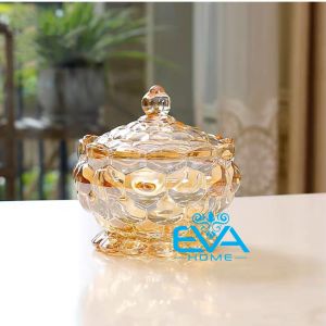 Thố Mứt Thuỷ Tinh Pha Lê Ánh Vàng Hoa Văn Pindoro Nổi Lớn Crystal Glass Sugar Bowl TG5110 Cao Cấp Sang Trọng