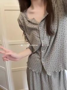 Ins Hot Thin Floral Pajamas Woman Summer Long Sleeved Pants Sleep Wear Set Casual Simple Home Clothes Large Size Pijama Can Be Worn Outside