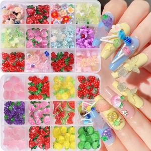 12Grids 3D Mixed Fruits/Lollipop/Flower Nail Charms CherryStrawberryWatermelon Nail Art Decorations DIY Manicure Accessories &