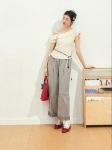 BY IHAPPY | Quần Cotton Xám Caro Ống Rộng Đai Cao Co Dãn