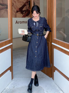 Slimming Denim Blue Vintage Goddess Style Waist-Cinching Dress Womens Autumn 2025 New High Waist Shirt Dress Casual Leisure