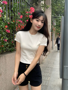 Áo Thun Cotton Tay Ngắn Màu Trắng Cho Nữ Mùa Hè Phong Cách Mới Vai Áo Ôm Vừa Vặn Cổ Tròn Dáng Thường