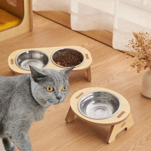 Wooden Cat Feeding Bowl Double Bowl Set Movable Fall Resistant Inclined Mouth Neck Guard Bowl Holder Pet Feeding