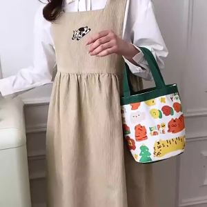 【NN74】Portable Cute Animal Pattern Graffiti Bucket Bag Ins Printed Cylindrical Bag Canvas Bento Bag Handheld Lunch Box Bag[J]