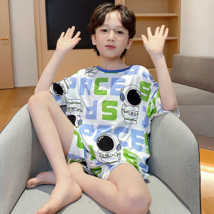 MiiOW | ชุดนอนเด็กชายฤดูร้อน MiiOW Cat แขนสั้นบาง 3 ชิ้น ลายการ์ตูนน่ารัก เสื้อผ้าใส่อยู่บ้านสำหรับเด็กชาย วัสดุผ้าฝ้ายผสมโพลีเอสเตอร์