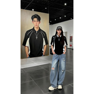 Men Heavyweight Polo Shirt Half Zip Black White