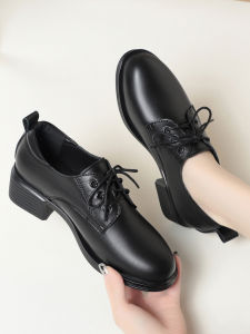 Genuine Leather Womens Shoes Comfortable Work Footwear Soft Bottom Black Slip-On round Toe mid Heel Fashion Single Shoes