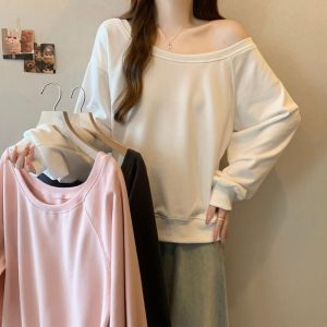 Shoulder Bared Long Sleeve Sweatshirt Women Spring Autumn New Loose Korean Version Thin Material Long Sleeve Top without Cap