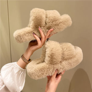 Trendy Fluffy Slippers Womens Outdoor Wear Thick Bottom Platform Spring Autumn Heightening Cotton Slippers Korean Style High Heel Rubber Sole