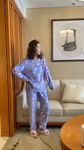 1 Set Womens Long Style Warm Thick Home Clothing Fashion Cute Autumn Winter Top Pants Set Cartoon Designed Womens Pajamas