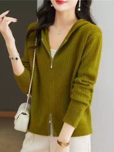Korean Style Loose Long Sleeve Zipper Knitted Cardigan Womens Fashion Thin Sweater Jacket with Hood 2024 Spring Autumn
