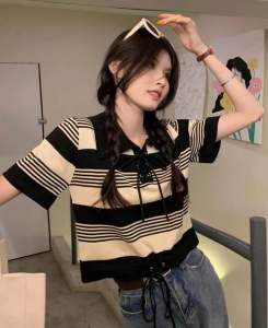 Áo thun ngắn tay họa tiết sọc ngang thời trang dành cho nữ