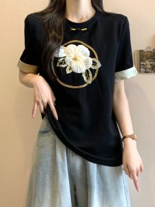New Chinese Style Chinese Style Embroidery Short Sleeve T-Shirt Female 2024 Summer Plus Size Slightly Fat Sister Stylish Belly-Covering Coat