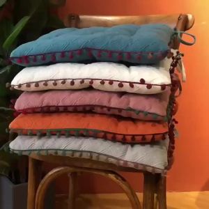Bohemian Square Chair Seat Cushion with Ties Hippie Decorative Pompom Ottoman Pouf Seating Throw Pillow Christmas Gift