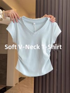 Blue V-neck Regular Fit Short Sleeve T-shirt Slimming Small Size