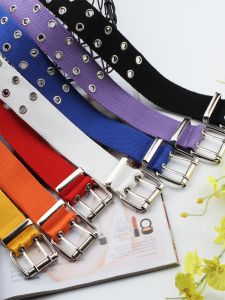 Trend Street Snap Fashion Double Row Hole Pin Buckle Belt Casual Canvas Belt Long Cut Out Cargo Jeans with Length