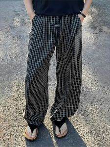 OUMULONG | Black Grid Casual Quick Dry Mens Trousers Drape Wide Leg