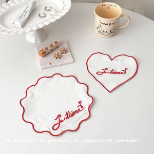 Korean Style Embroidered Cotton Coaster Pure Cotton Decorative Cut Edge French Love You Text Table Mat Dining Room Decor