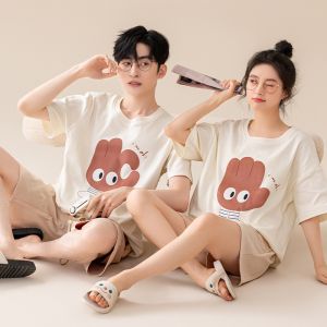 Miiow | Couples Summer Cotton Pajamas Short Sleeve Round Neck Home Wear Comfortable Breathable Mens Womens Matching Sleepwear