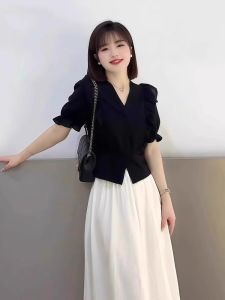 เสื้อเชิ้ตผู้หญิงแขนพองสีดำ ทรงเข้ารูป แฟชั่นฤดูร้อน แขนสั้น ผ้าชีฟอง เสื้อเชิ้ตคอวี สไตล์เกาหลี ใส่ไปทำงาน